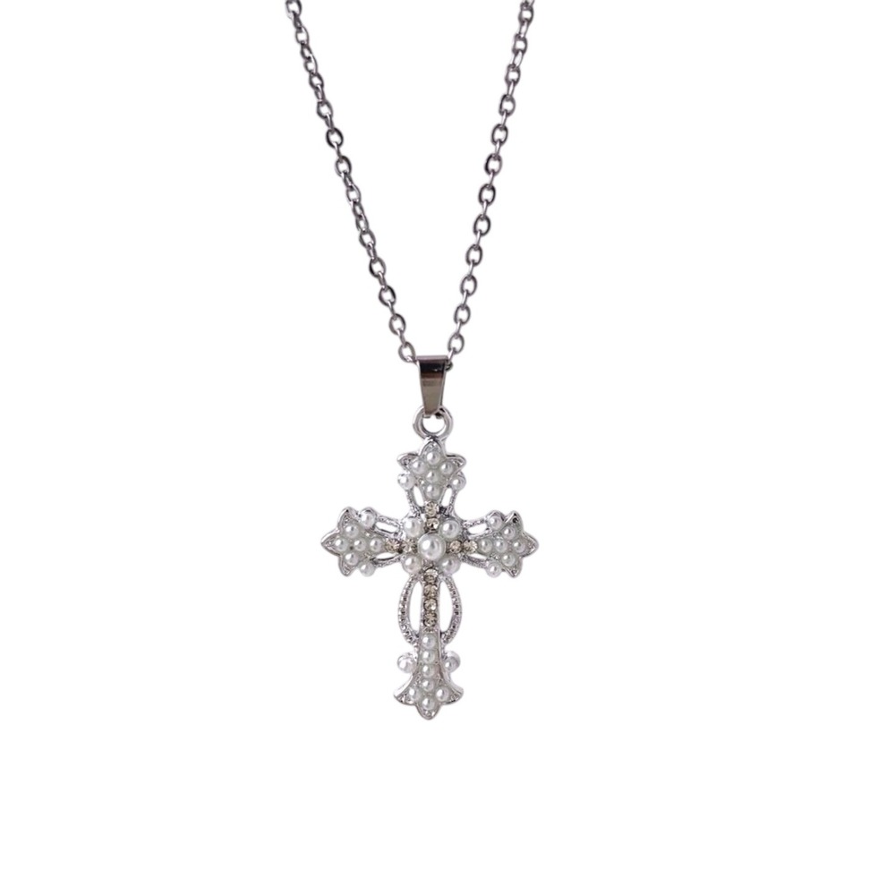 Silver color‎ Cross Necklace with Faux Pearls and Rhinestones Women's Jewelry